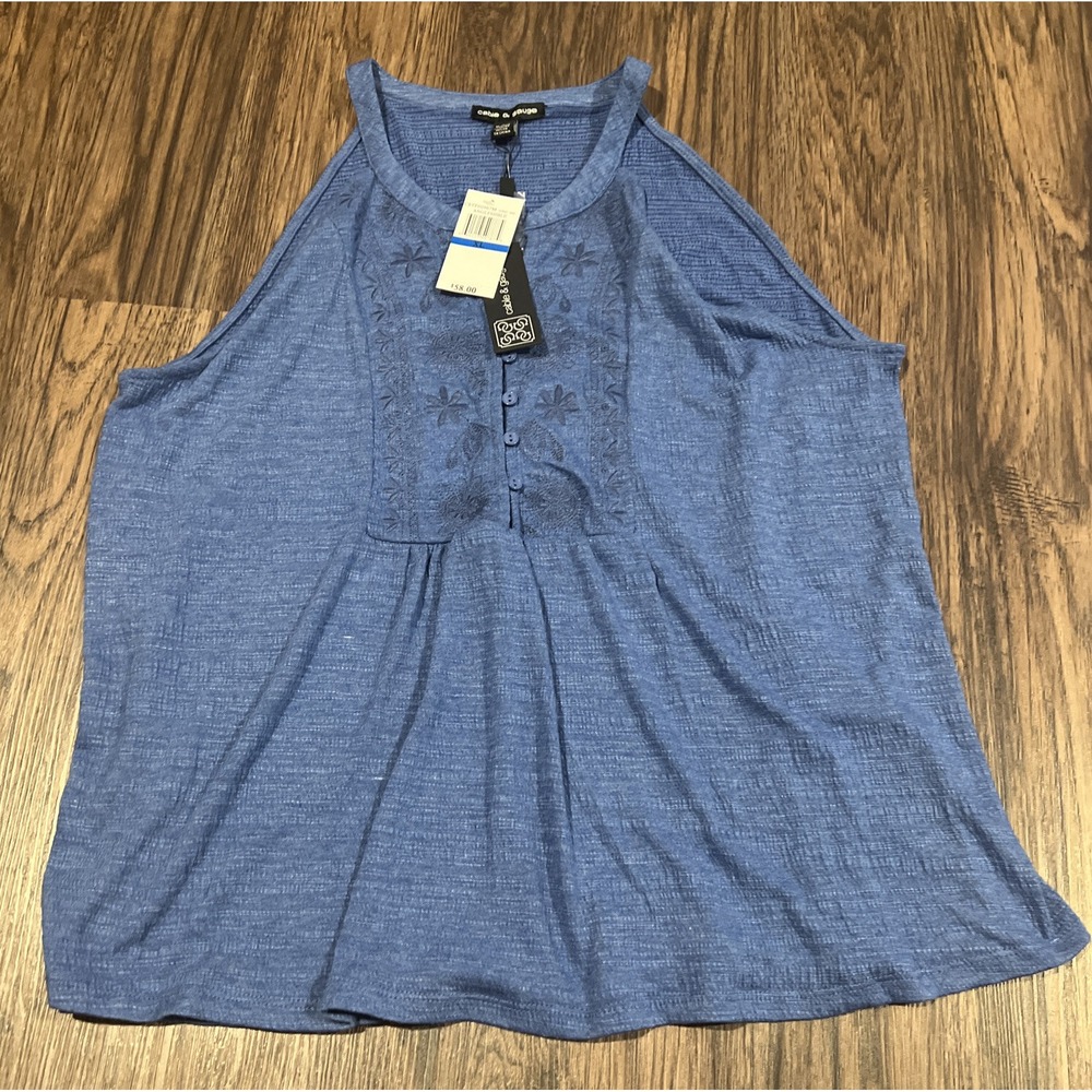 NWT Cable & Gauge Blue Sleeveless Top Blouse Floral Embroidery Flare Size XL